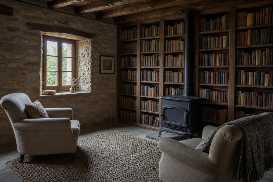 Sala con estanterías de libros del suelo al techo, estufa de hierro y dos butacas
