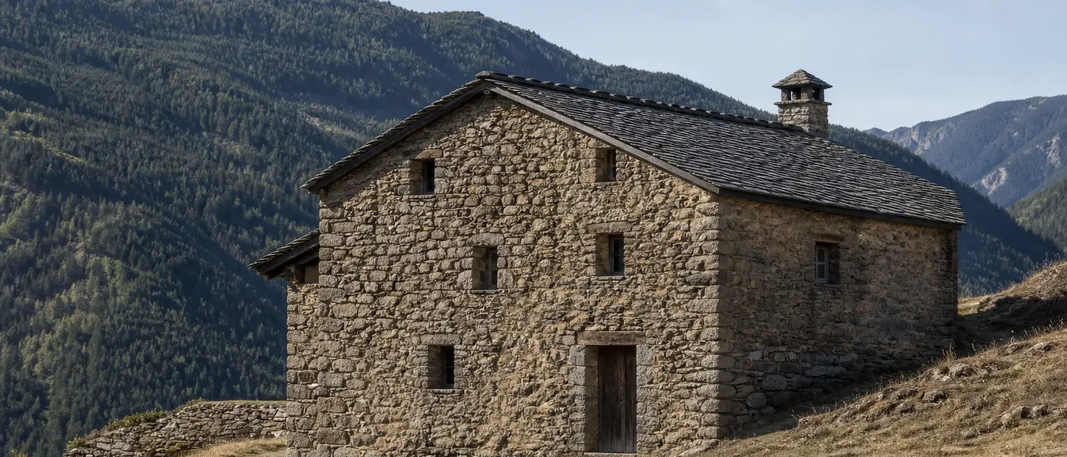 La casa de piedra de Bardal sobre la ladera, con el valle al fondo