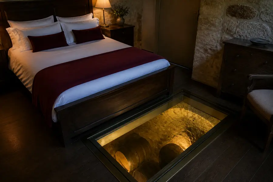 Habitación con la trampilla de cristal en el suelo y las barricas iluminadas debajo