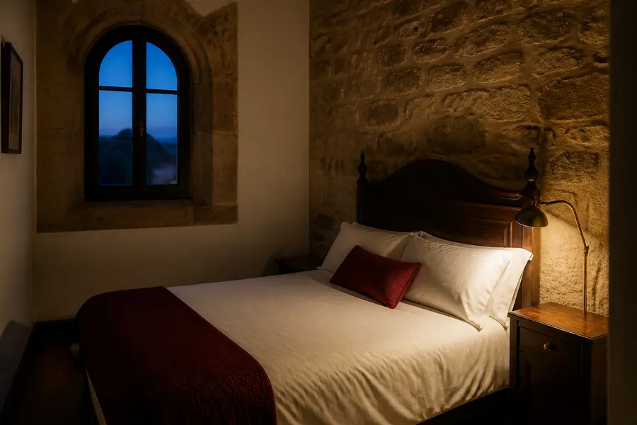 Habitación de piedra con ventana de arco y cabecero de nogal
